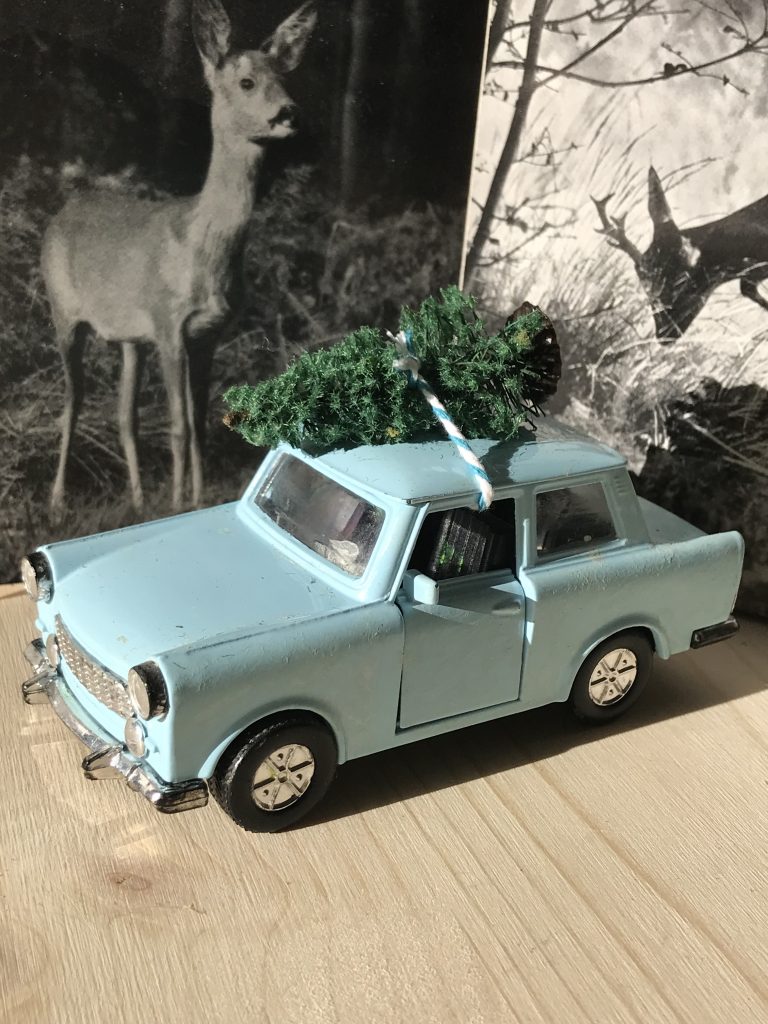 Spielzeugauto mit Tannenbaum auf dem Dach
