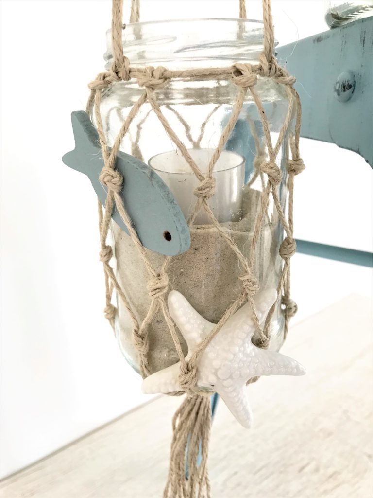 Weckglas mit Fischernetz aus Makramee als Windlicht oder Vase