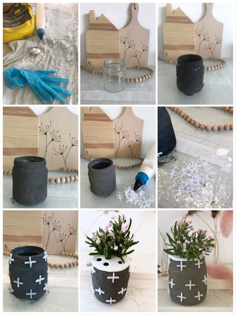 DIY Vase aus Beton selber machen mit Fliesenkreuzen. Beton Deko ist modern und zeitlos. #chalet8 #beton #betondeko #betonvase #betondiy #fliesenkreuze