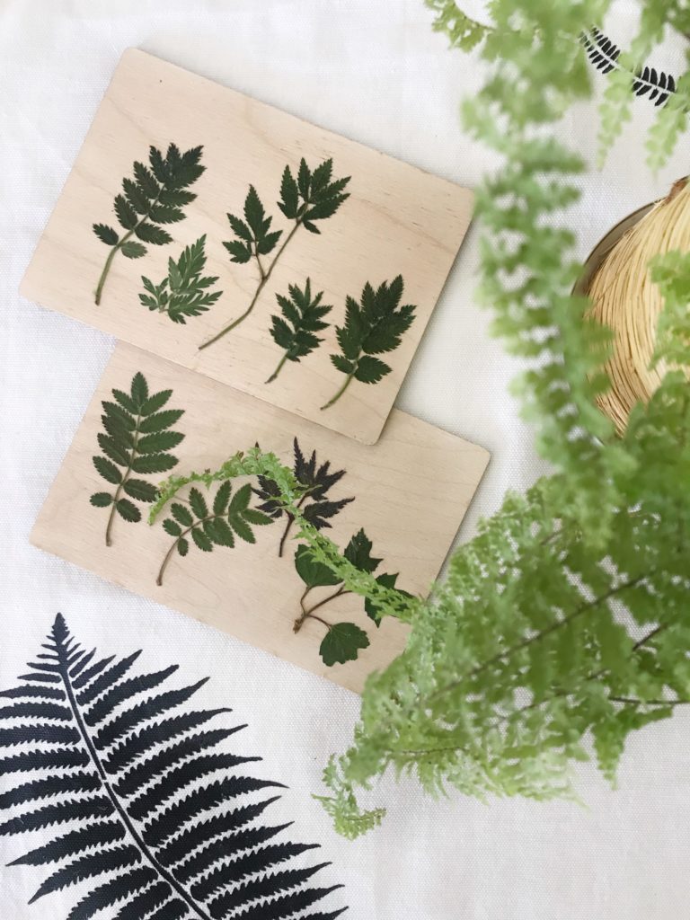 DIY: Gepresste Blätter auf Holzpostkarte. Holzbild mit Pflanzen. Geschenkidee mit Naturmaterial. Natur-Kunst auf Holz. #chalet8 #gepressteblätter #holzdiy #holzpostkarte